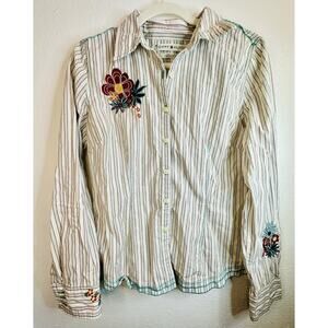 Tommy Hilfiger Striped Button Up Flower Embroidered Long Sleeve Size Medium